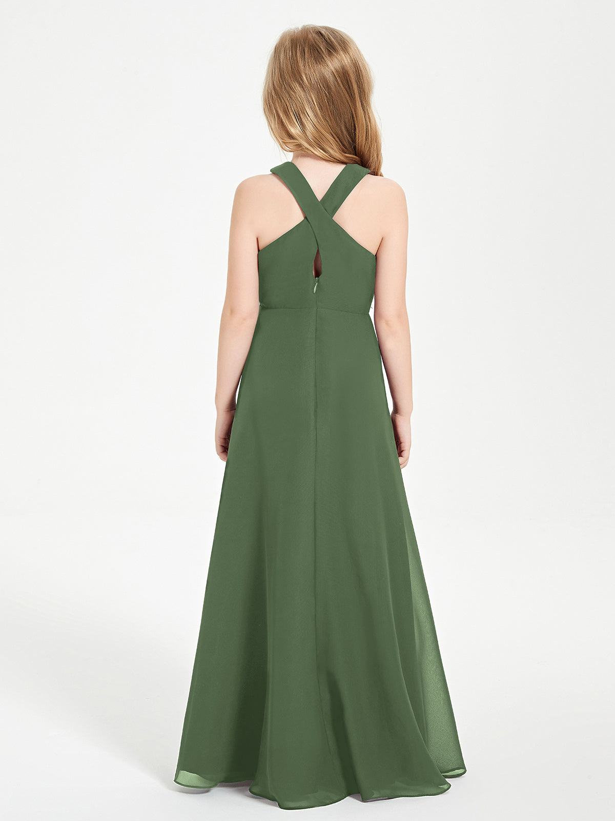 Grecian Neckline Long Dresses for Junior Bridesmaids Olive Green